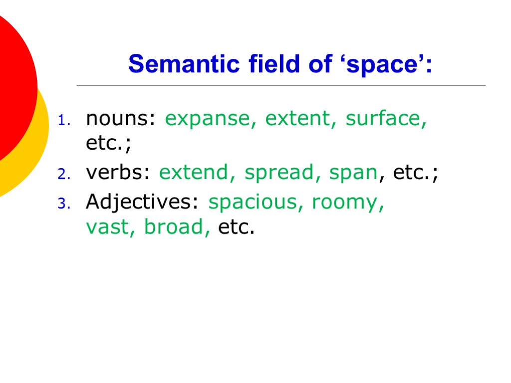 Semantic field of ‘space’: nouns: expanse, extent, surface, etc.; verbs: extend, spread, span, etc.;
